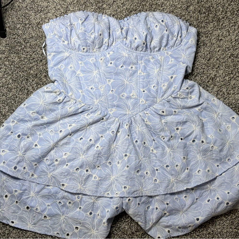 Altar'd State Light Blue Floral Eyelet Strapless Romper
